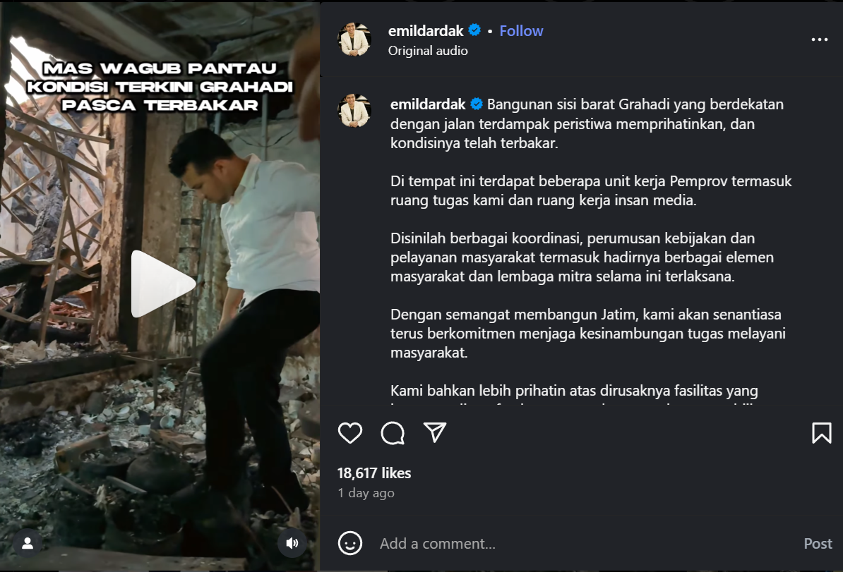 Emil Dardak tinjau kantornya yang hangus terbakar (Instagram @emildardak)